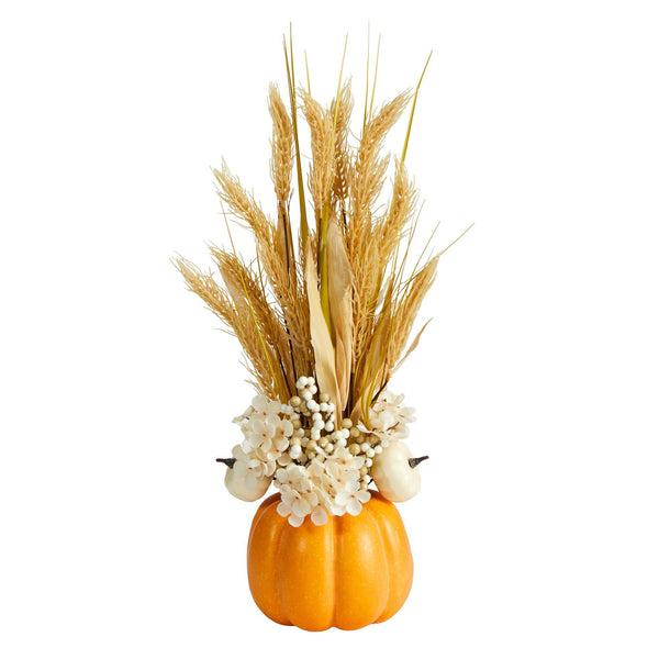 21” Autumn Dried Wheat and Pumpkin Artificial Fall Arrangement in Decorative Pumpkin Vase