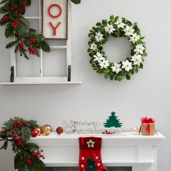 21” Poinsettia and Variegated Holly Artificial Christmas Wreath