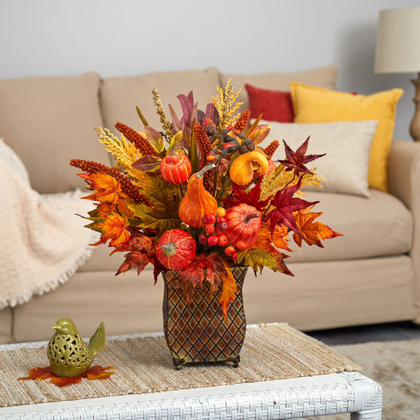 21” Pumpkin, Maple Leaf and Sorghum Harvest Artificial Arrangement in Metal Planter