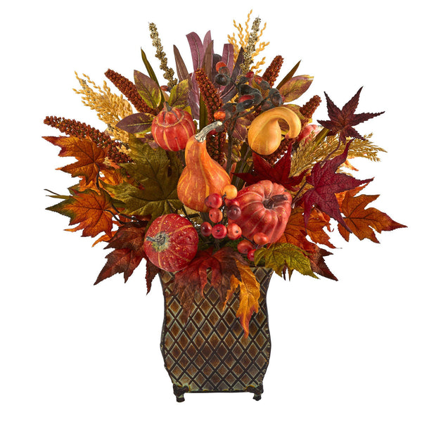 21” Pumpkin, Maple Leaf and Sorghum Harvest Artificial Arrangement in Metal Planter