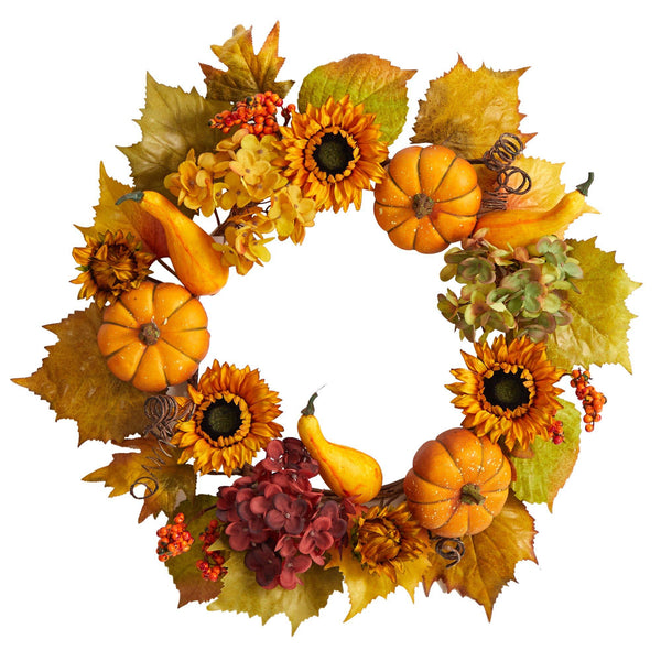 22” Autumn Hydrangea, Pumpkin and Sunflower Artificial Fall Wreath