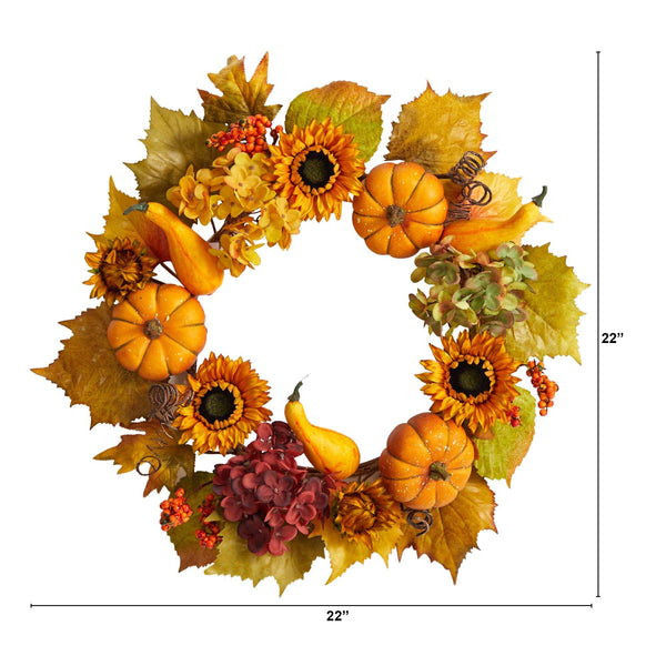 22” Autumn Hydrangea, Pumpkin and Sunflower Artificial Fall Wreath