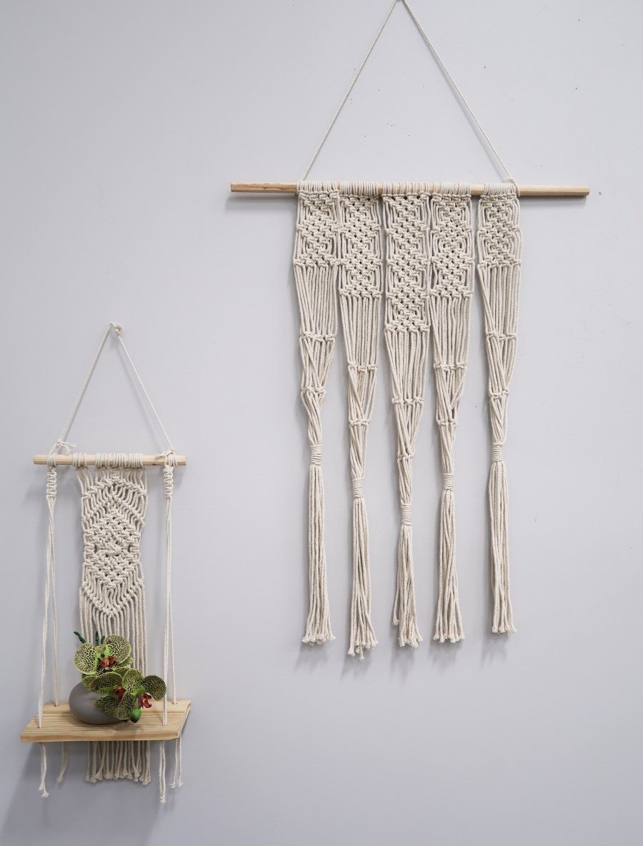 22” Boho Chic Wood Macrame Shelf with Diamond Weave