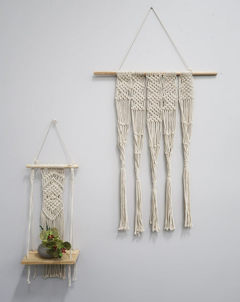 22” Boho Chic Wood Macrame Shelf with Diamond Weave