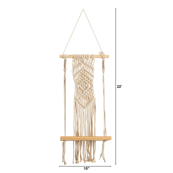 22” Boho Chic Wood Macrame Shelf with Diamond Weave