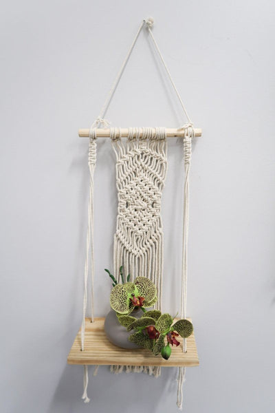 22” Boho Chic Wood Macrame Shelf with Diamond Weave