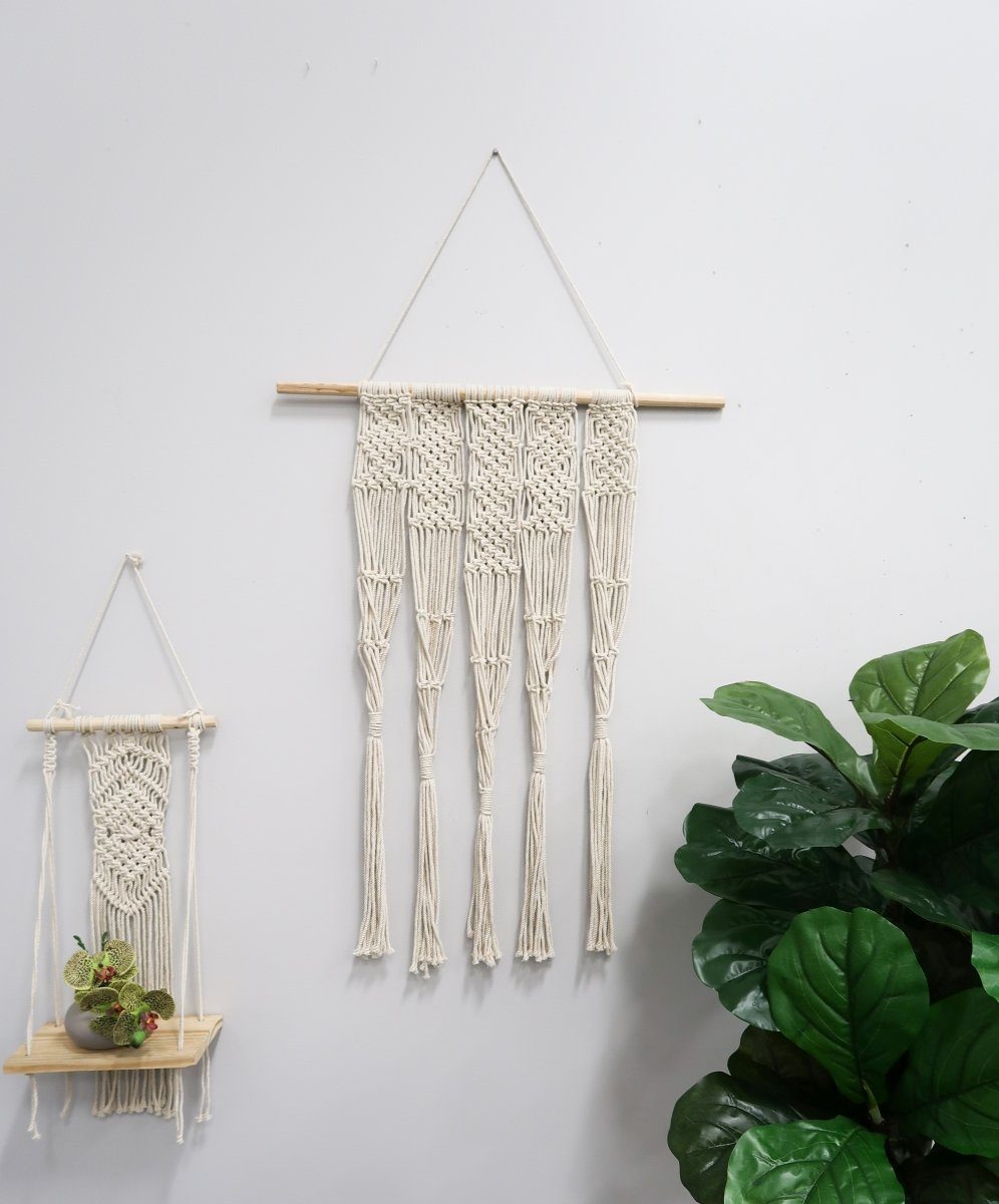 22” Boho Chic Wood Macrame Shelf with Diamond Weave