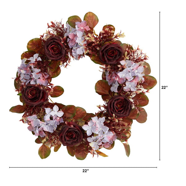 22” Fall Hydrangea and Rose Autumn Artificial Wreath