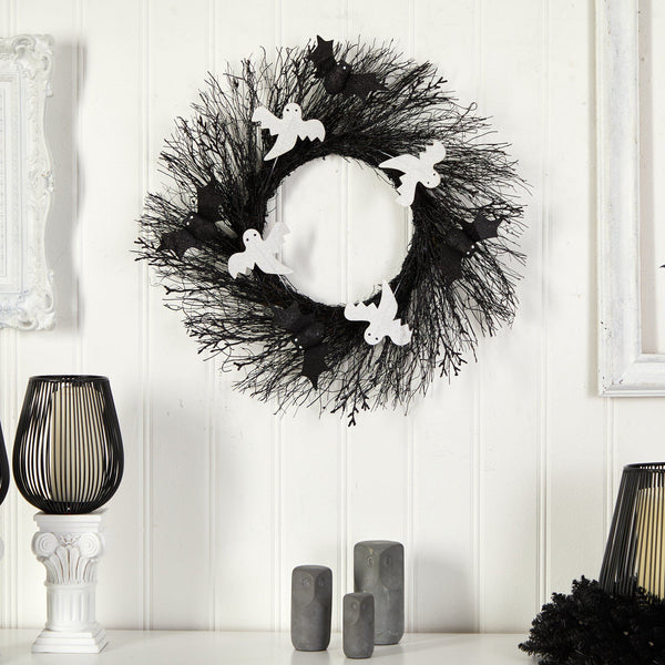 22" Halloween Ghost and Bats Twig Wreath