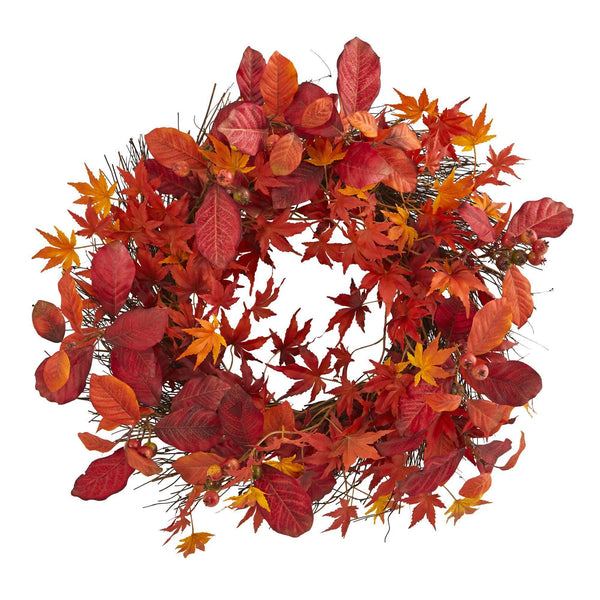 22” Japanese Maple, Magnolia Leaf and Berries Artificial Wreath