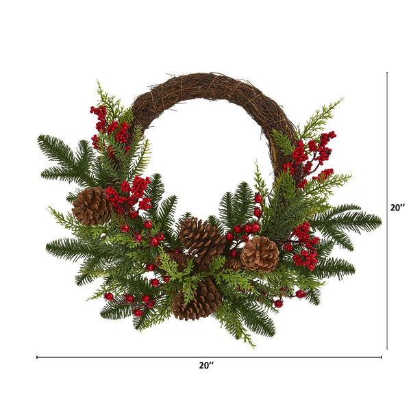 22” Mixed Pine and Cedar with Berries and Pine Cones Artificial Wreath