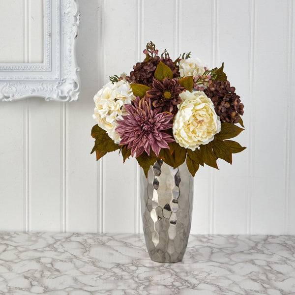 22” Peony, Hydrangea and Dahlia Artificial Arrangement in Silver Vase