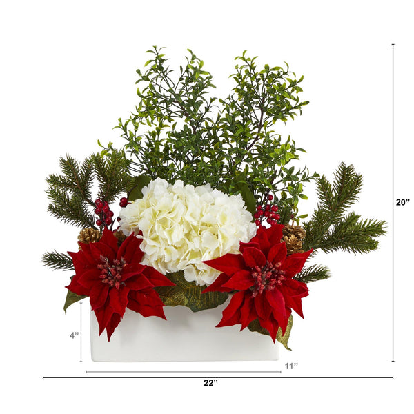 22” Poinsettia, Hydrangea and Boxwood Artificial Arrangement in White Vase