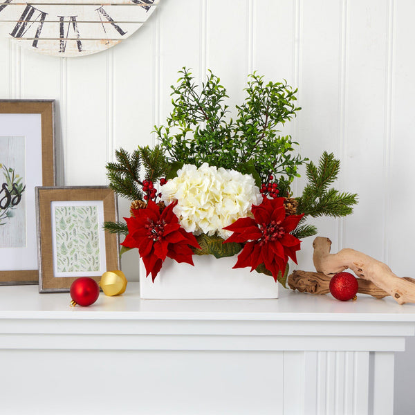 22” Poinsettia, Hydrangea and Boxwood Artificial Arrangement in White Vase