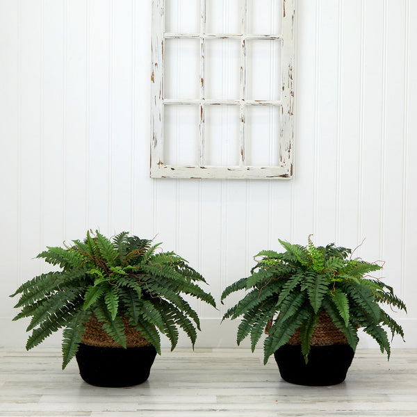 23" Artificial Boston Fern Plant with Handmade Jute & Cotton Basket DIY KIT - Set of 2