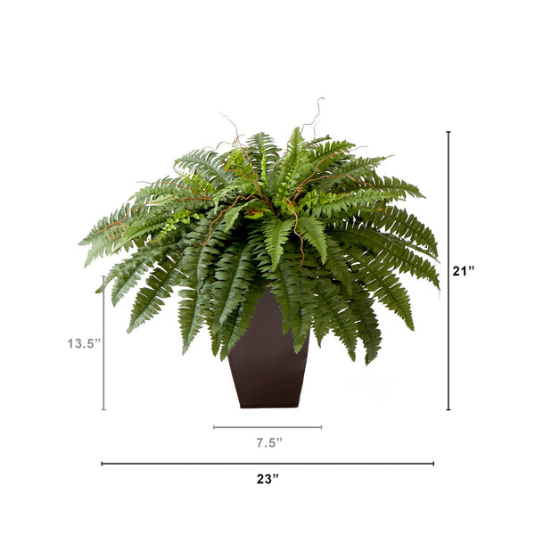 23” Artificial Boston Fern Plant with Tapered Bronze Square Metal Planter DIY KIT - Set of 2