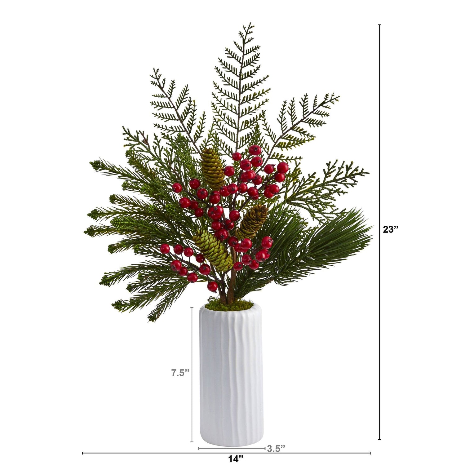 23” Mixed Pine, Pinecone and Berry Artificial Arrangement in White Vase