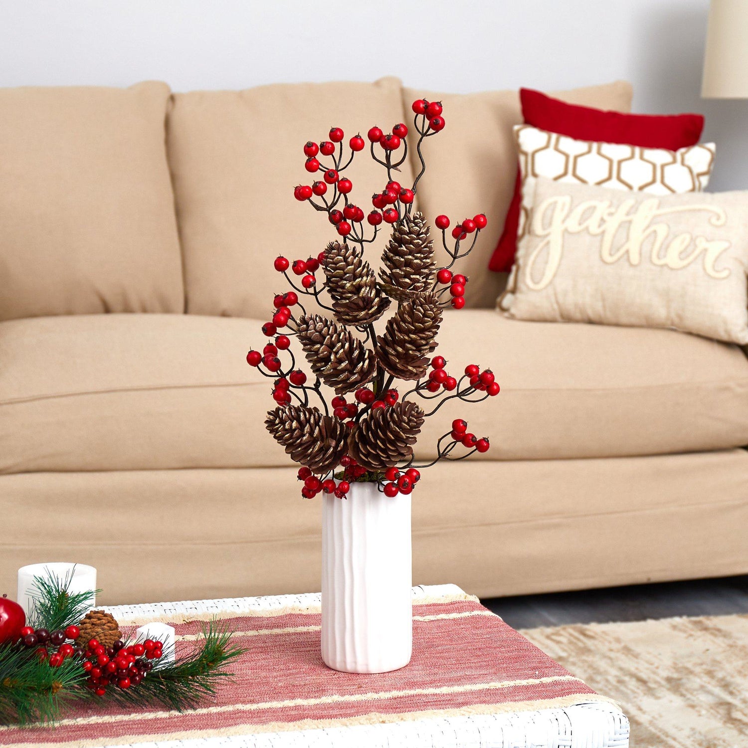 23” Pinecone and Berries Artificial Arrangement in White Vase