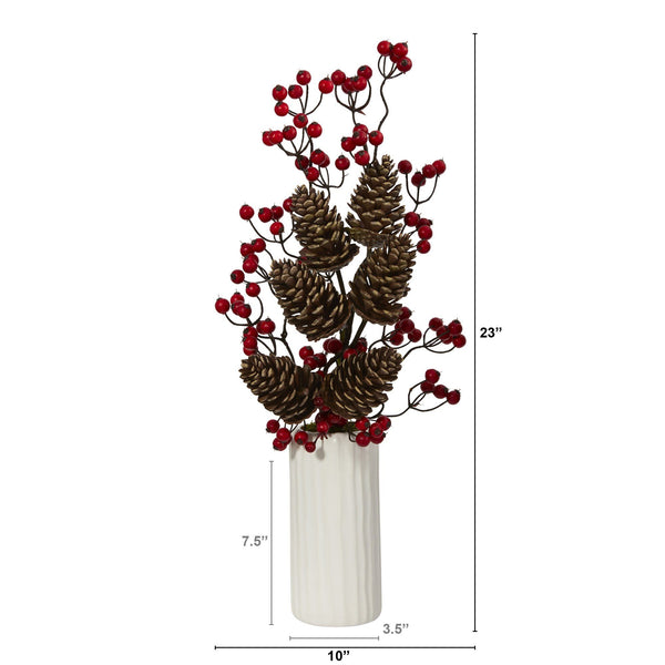 23” Pinecone and Berries Artificial Arrangement in White Vase