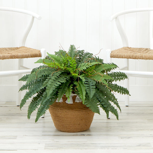 23”Artificial Boston Fern Plant in Handmade  Jute & Cotton Basket with Tassels DIY KIT