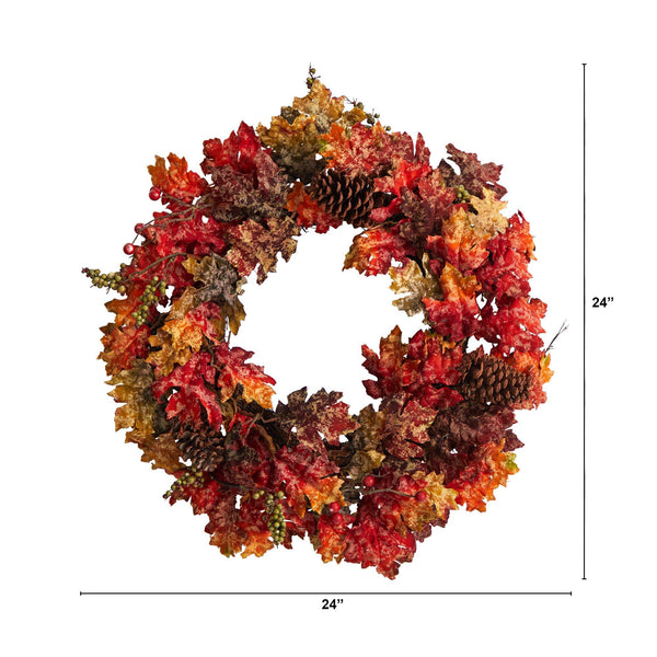 24” Autumn Maple, Berries and Pinecone Fall Artificial Wreath