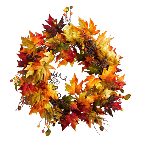 24” Autumn Maple Leaf and Berries Artificial Fall Wreath with Twig Base