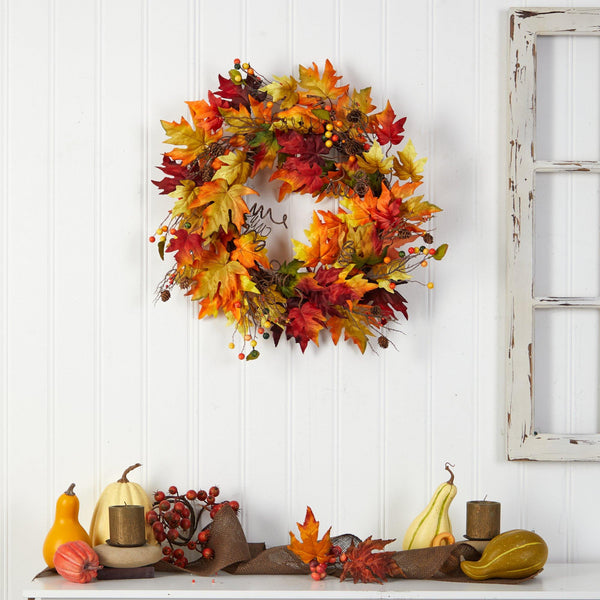 24” Autumn Maple Leaf and Berries Artificial Fall Wreath with Twig Base