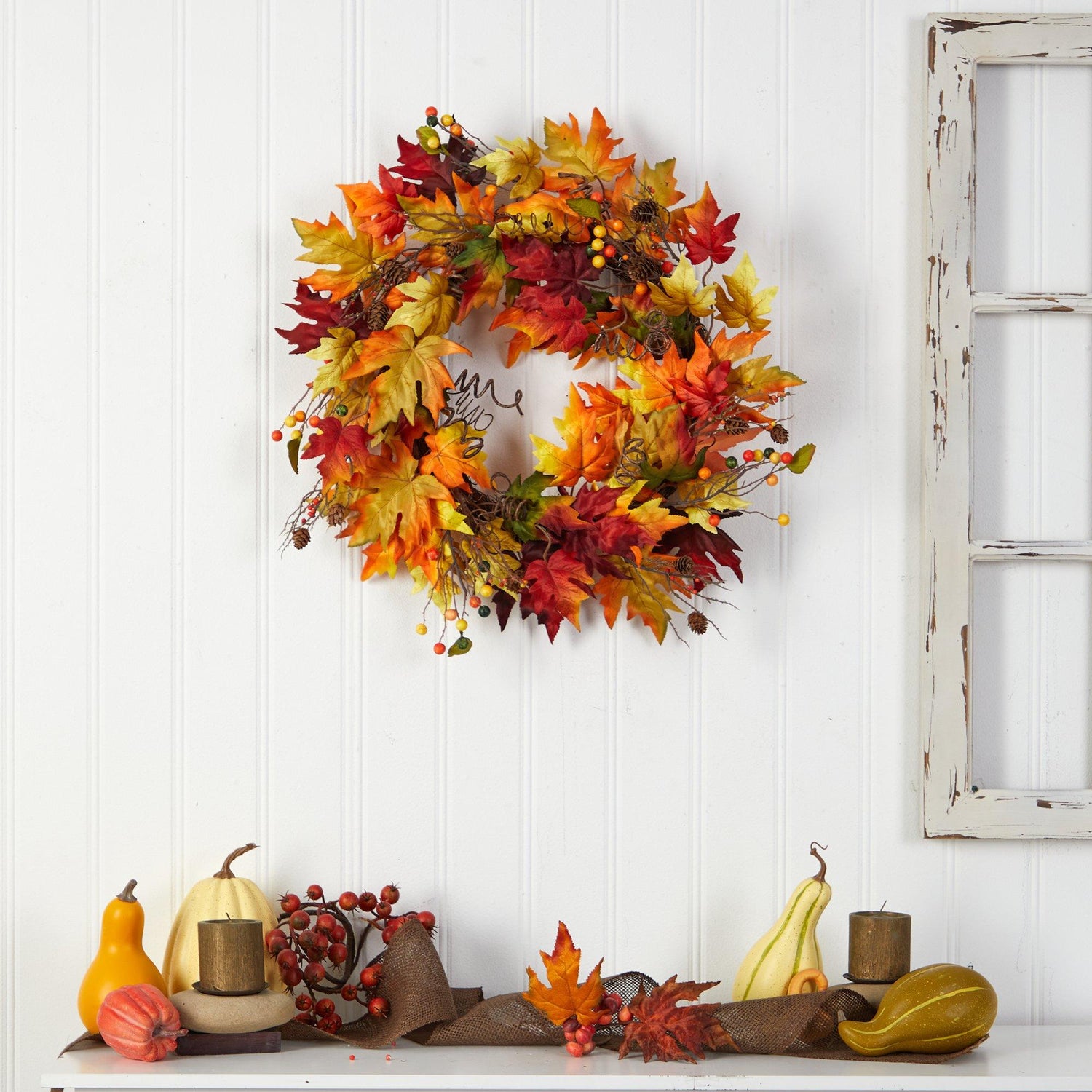 24” Autumn Maple Leaf and Berries Artificial Fall Wreath with Twig Base