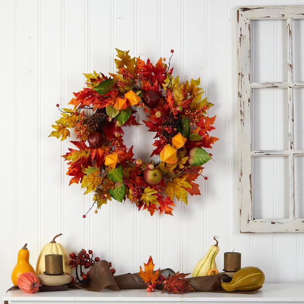 24” Autumn Maple Leaf and Berries Fall Artificial Wreath