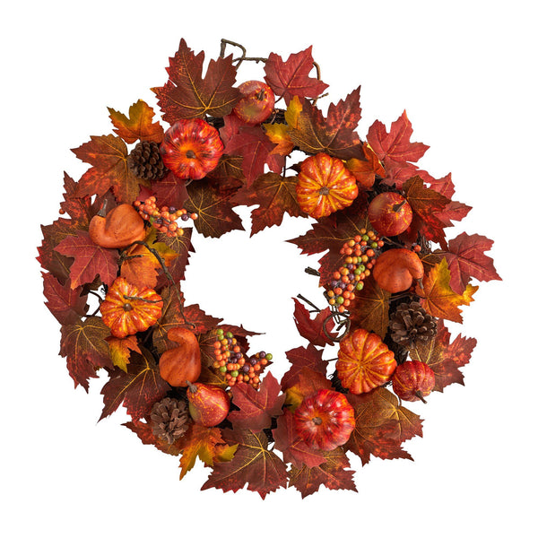 24” Autumn Maple Leaves, Pumpkin, Pinecone and Berries Artificial Fall Wreath