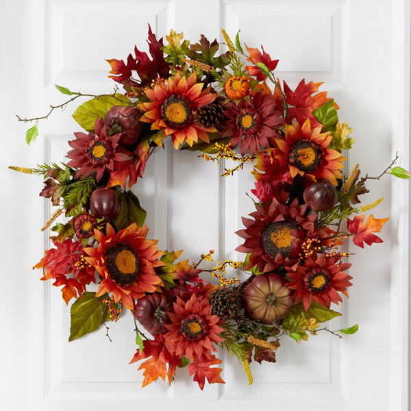 24” Autumn Sunflower, Pumpkin, Pinecone and Berries Fall Artificial Wreat