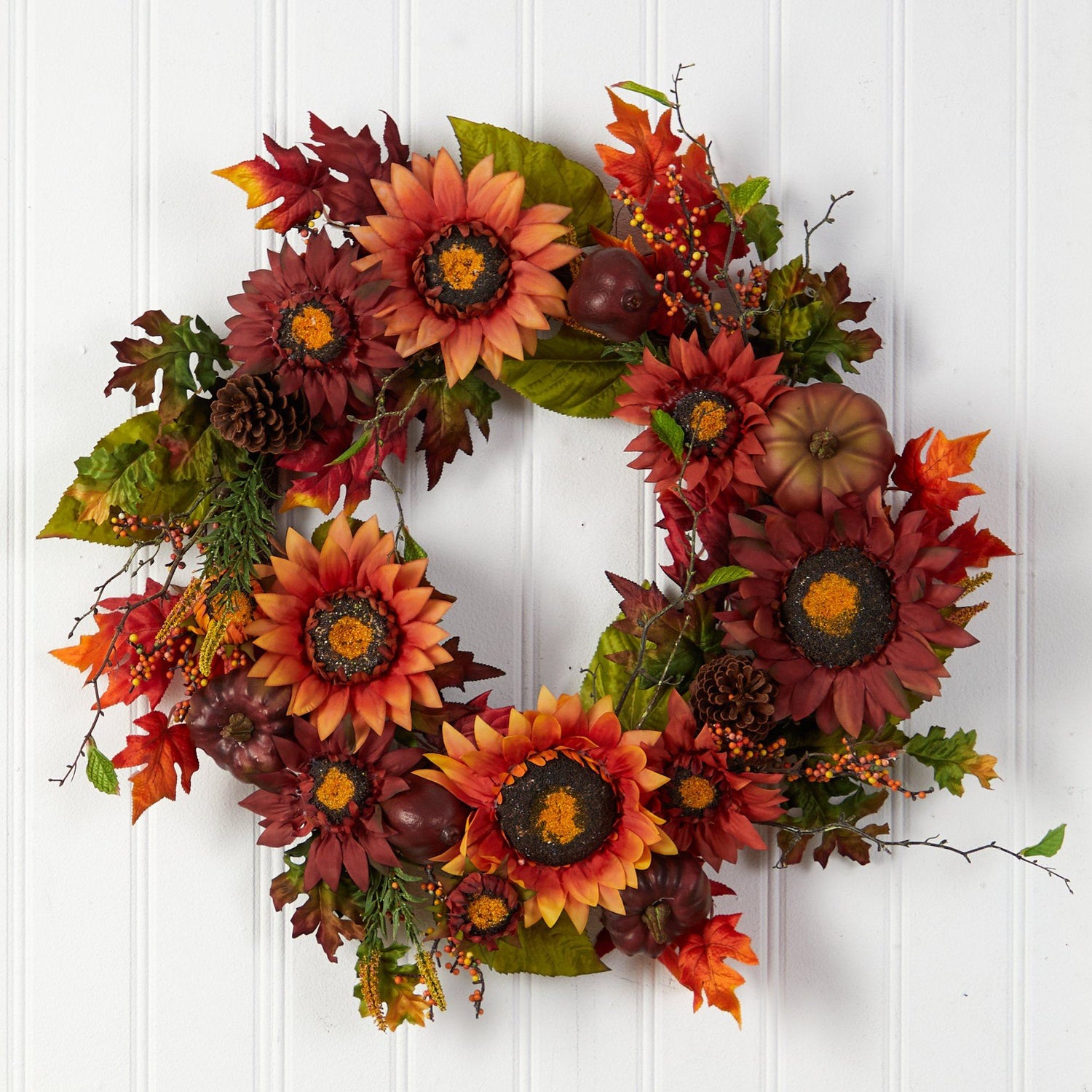 24” Autumn Sunflower, Pumpkin, Pinecone and Berries Fall Artificial Wreat