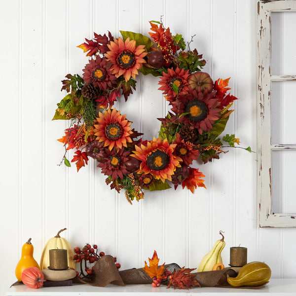 24” Autumn Sunflower, Pumpkin, Pinecone and Berries Fall Artificial Wreat