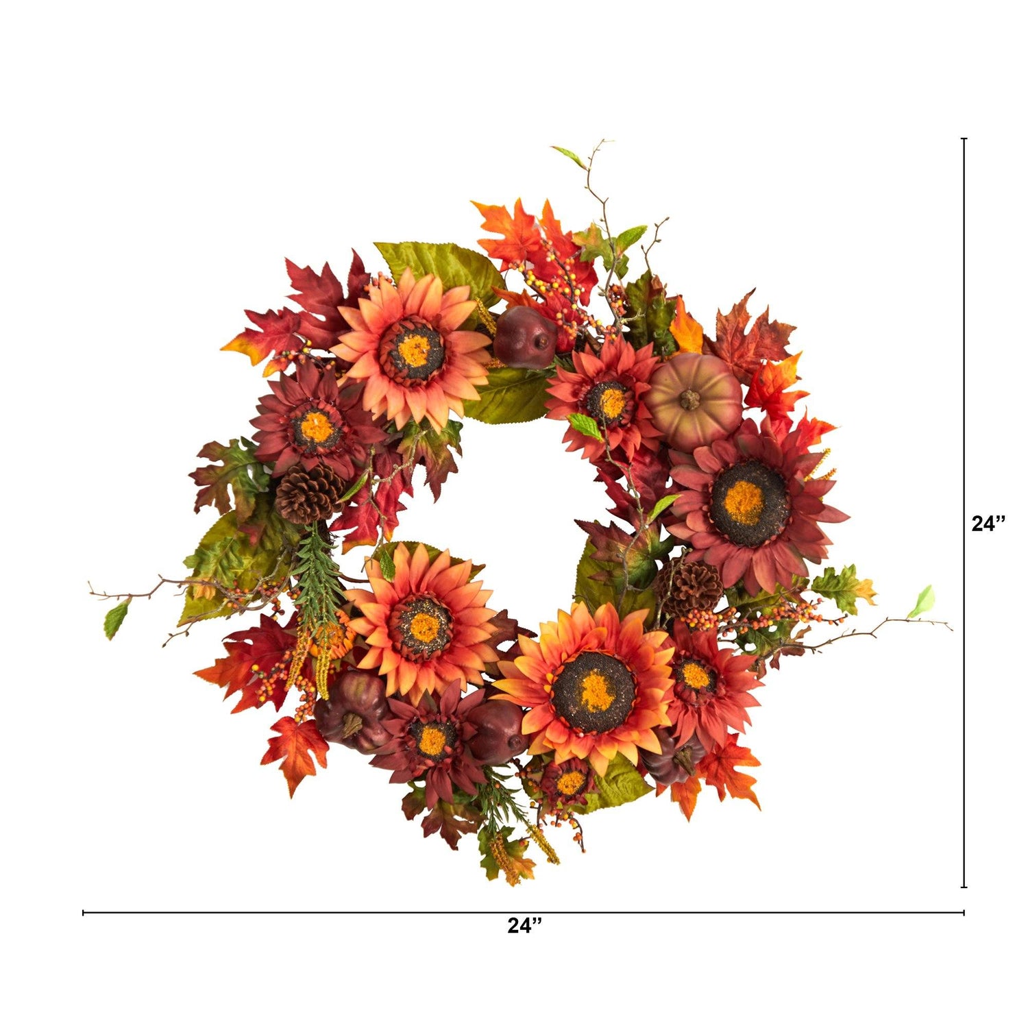 24” Autumn Sunflower, Pumpkin, Pinecone and Berries Fall Artificial Wreat