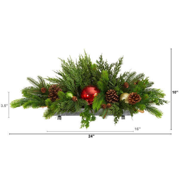 24” Cedar Pine, Pinecones and Ornaments Artificial Christmas Arrangement in Tin Vase