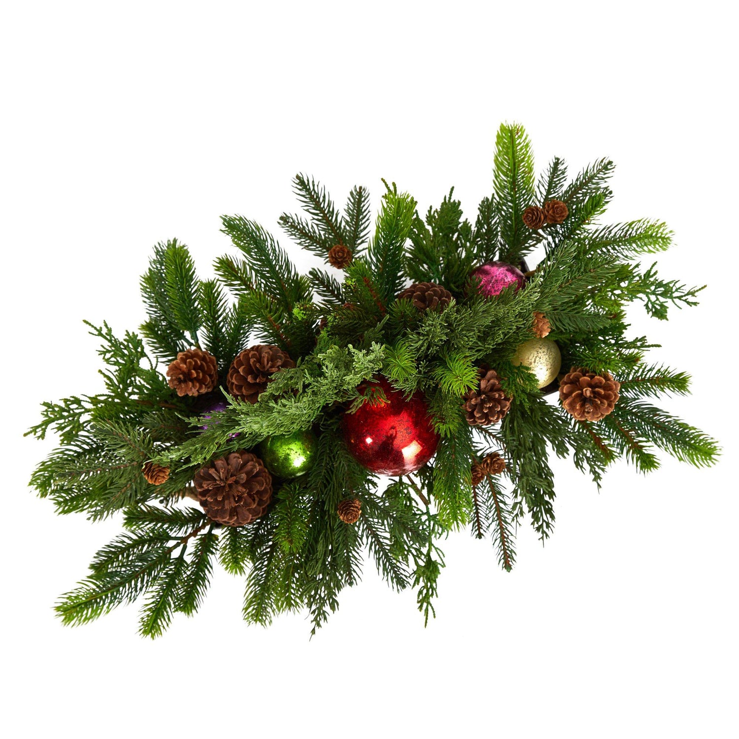 24” Cedar Pine, Pinecones and Ornaments Artificial Christmas Arrangement in Tin Vase