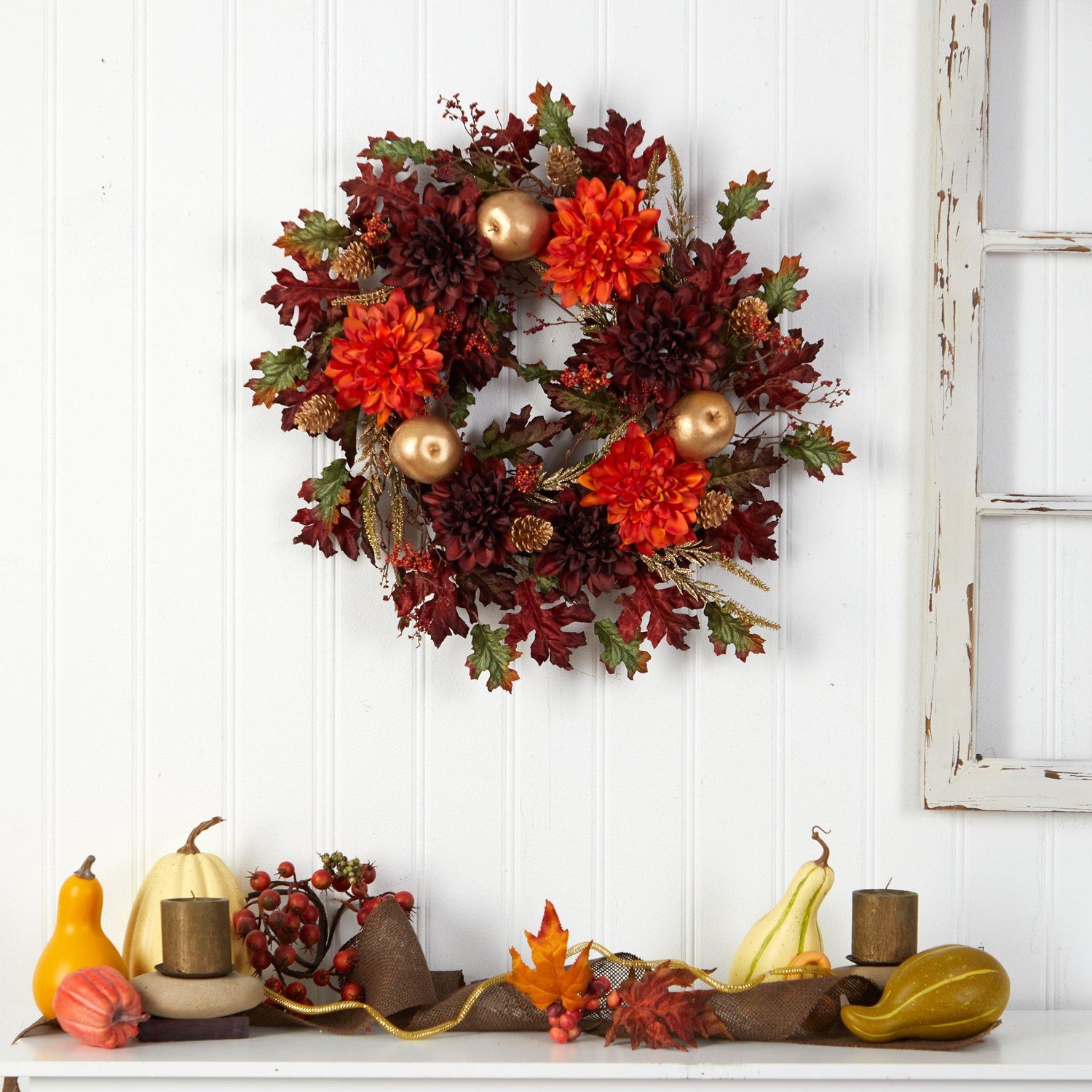 24” Fall Dahlia, Golden Apple, Oak Leaf and Berries Autumn Artificial Wreath