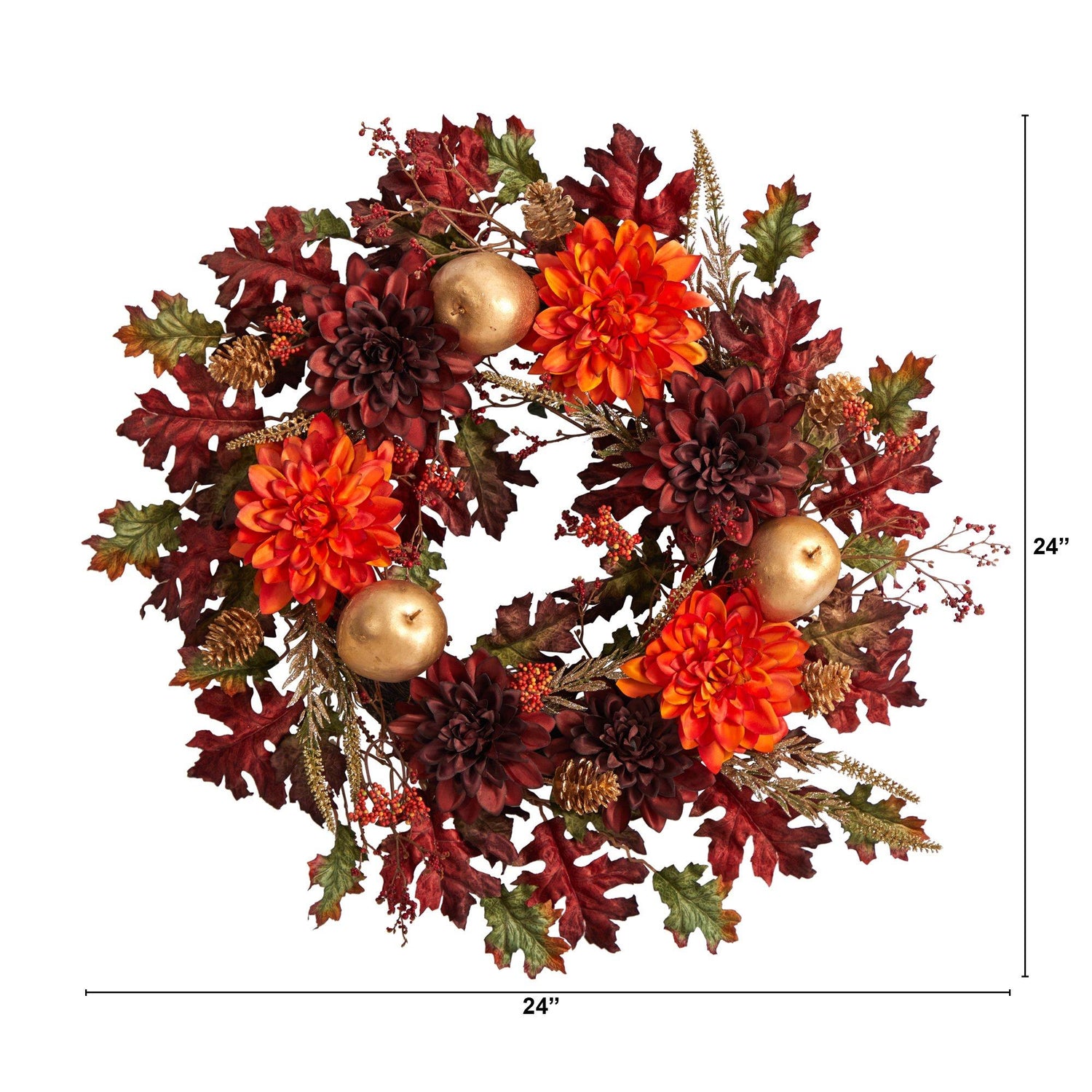 24” Fall Dahlia, Golden Apple, Oak Leaf and Berries Autumn Artificial Wreath