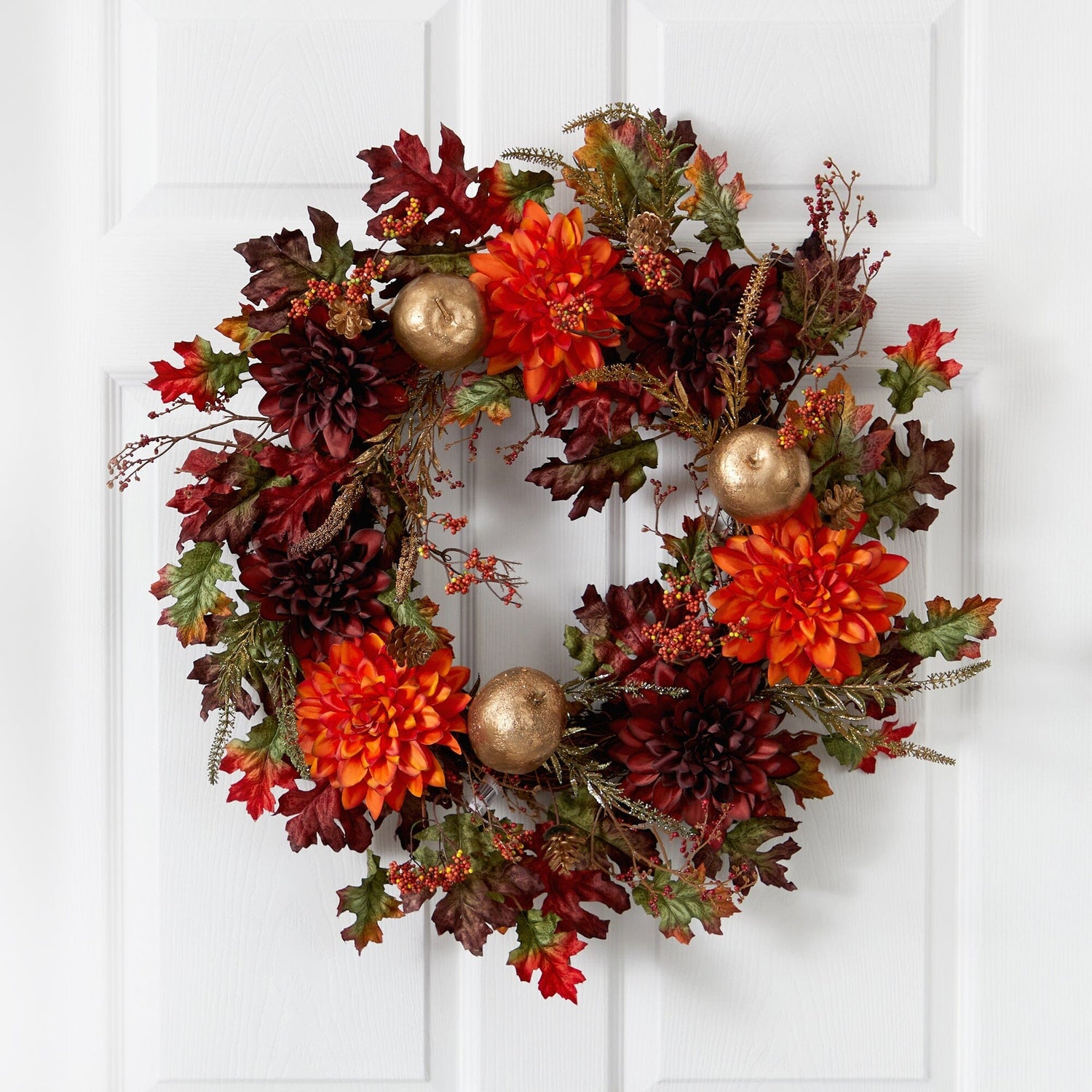 24” Fall Dahlia, Golden Apple, Oak Leaf and Berries Autumn Artificial Wreath