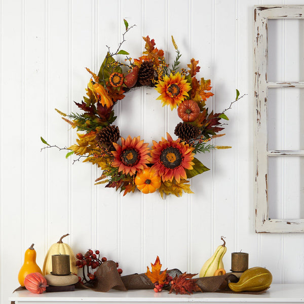 24” Fall Sunflower, Pumpkin, Gourds, Pinecone and Berries Autumn Artificial Wreath