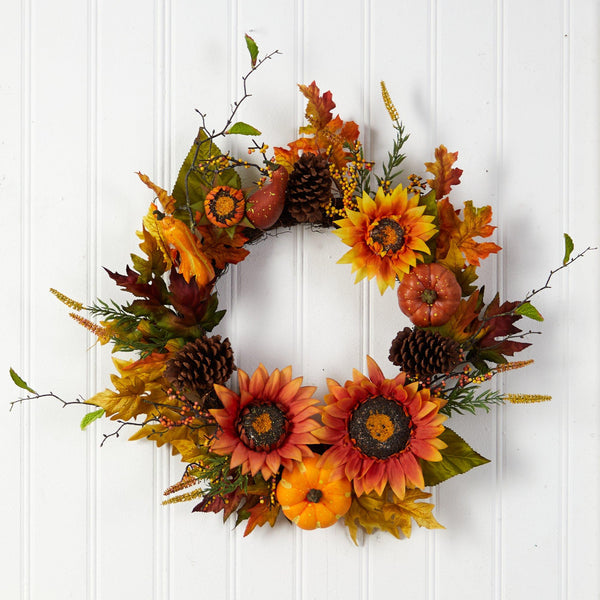 24” Fall Sunflower, Pumpkin, Gourds, Pinecone and Berries Autumn Artificial Wreath