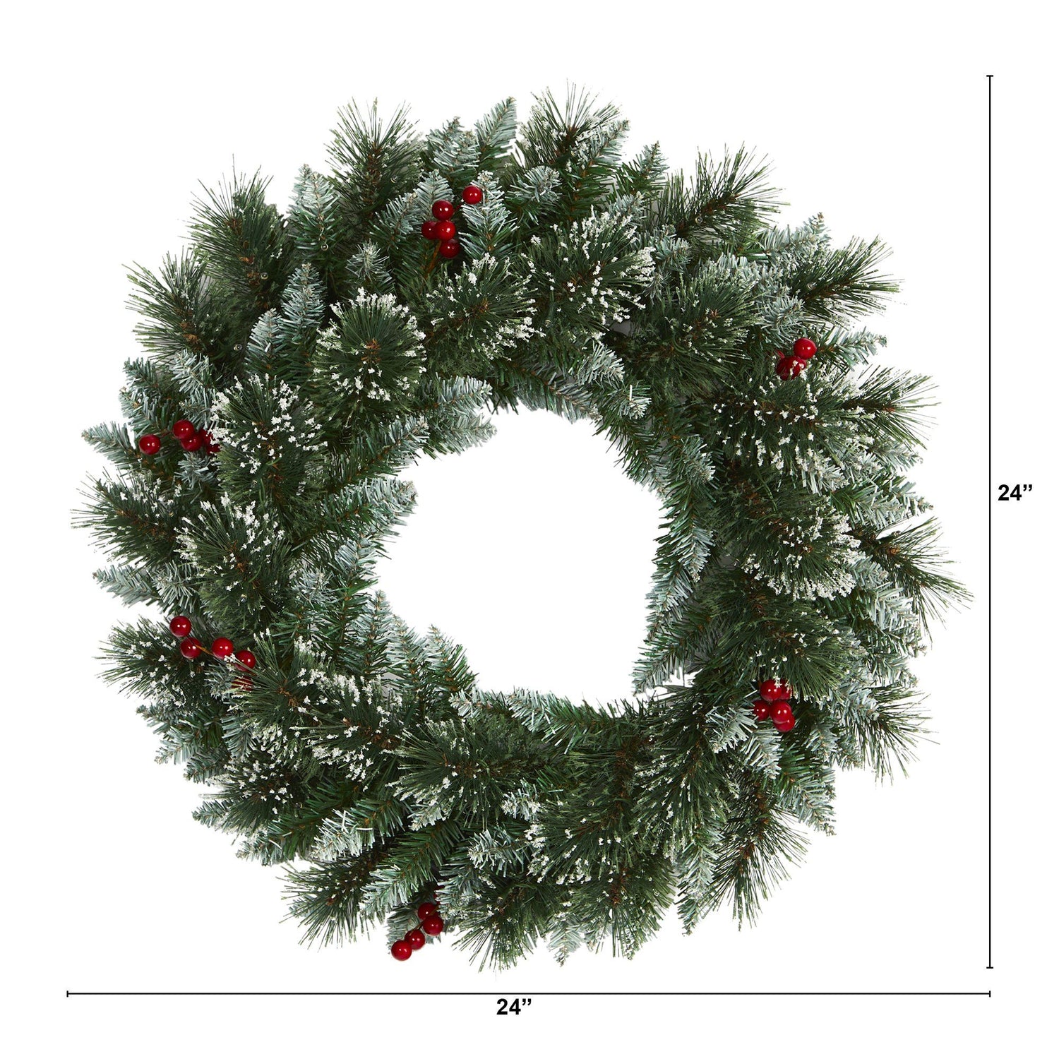 24” Frosted Swiss Pine Artificial Wreath with 35 Clear LED Lights and Berries