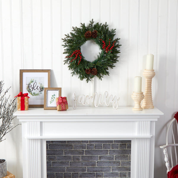 24” Green Pine Artificial Christmas Wreath with 50 Warm White LED Lights, Berries and Pine Cones