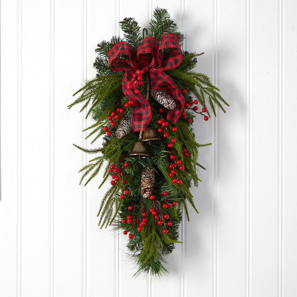 24” Holiday Christmas Pine Cones, Berry and Bells Wreath