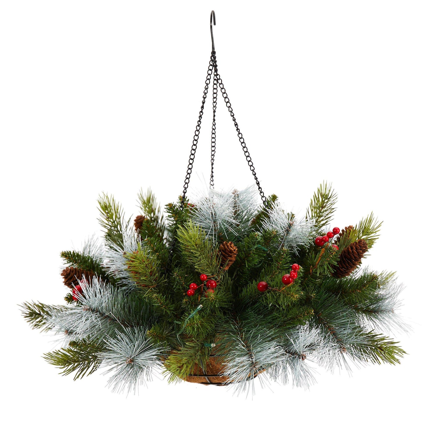 24" Holiday Pre-Lit (30 LED Lights) Pine and Berries Hanging Basket"