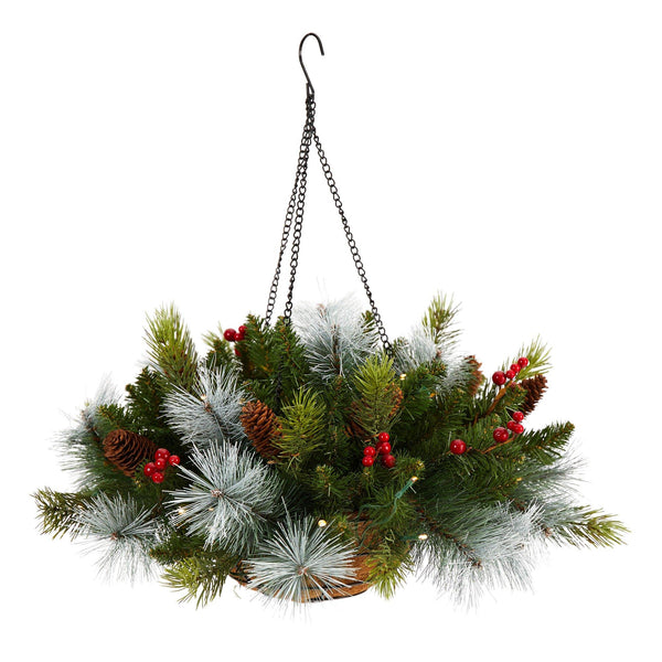 24" Holiday Pre-Lit (30 LED Lights) Pine and Berries Hanging Basket"