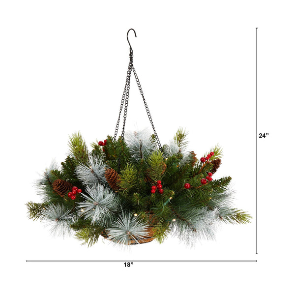 24" Holiday Pre-Lit (30 LED Lights) Pine and Berries Hanging Basket"