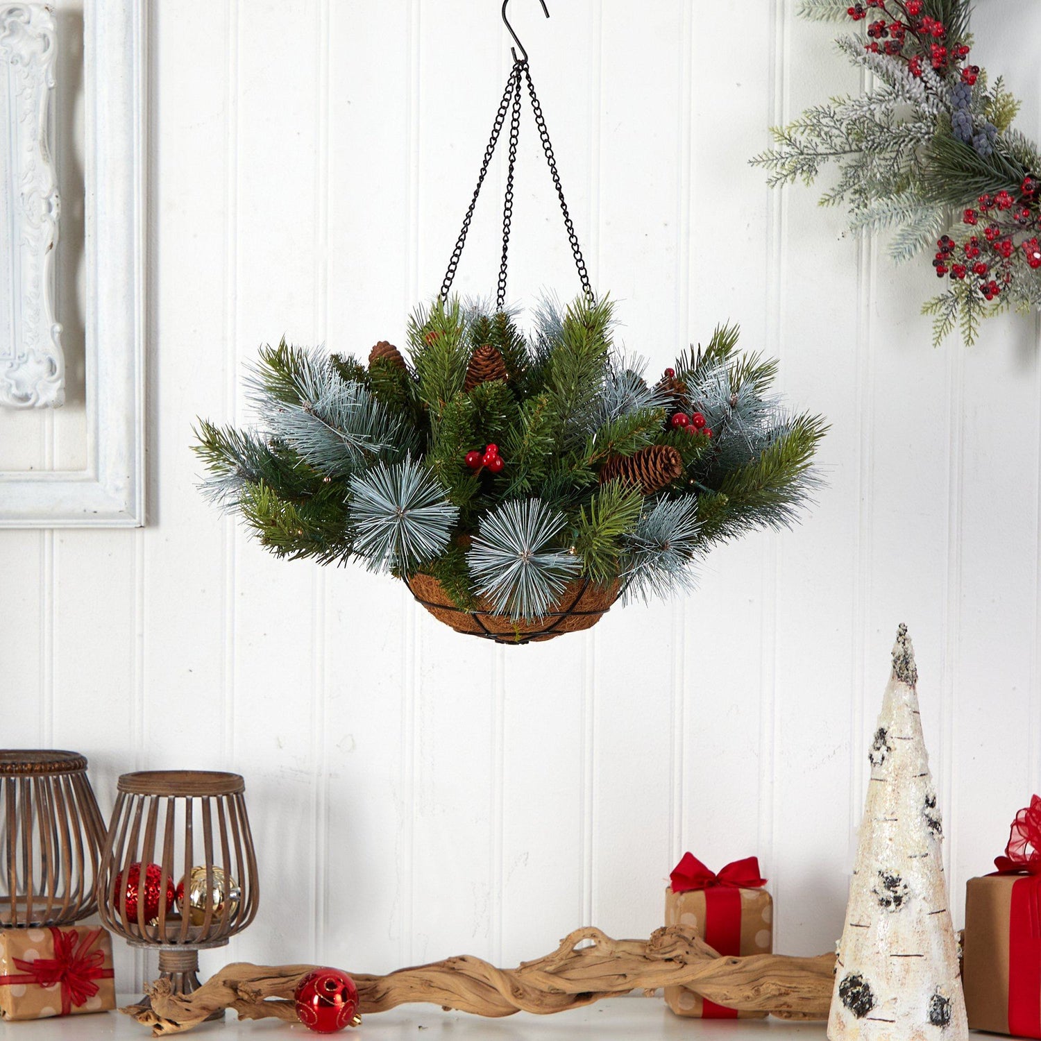 24" Holiday Pre-Lit (30 LED Lights) Pine and Berries Hanging Basket"