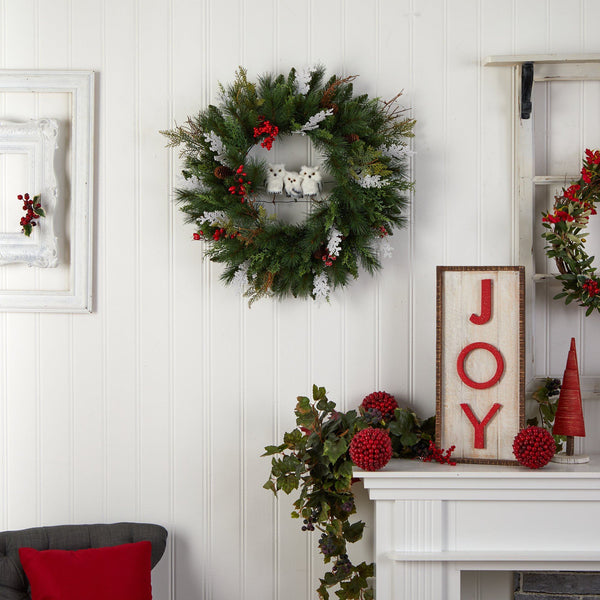 24” Holiday Winter Owl Family Pinecone Berry Christmas Artificial Wreath