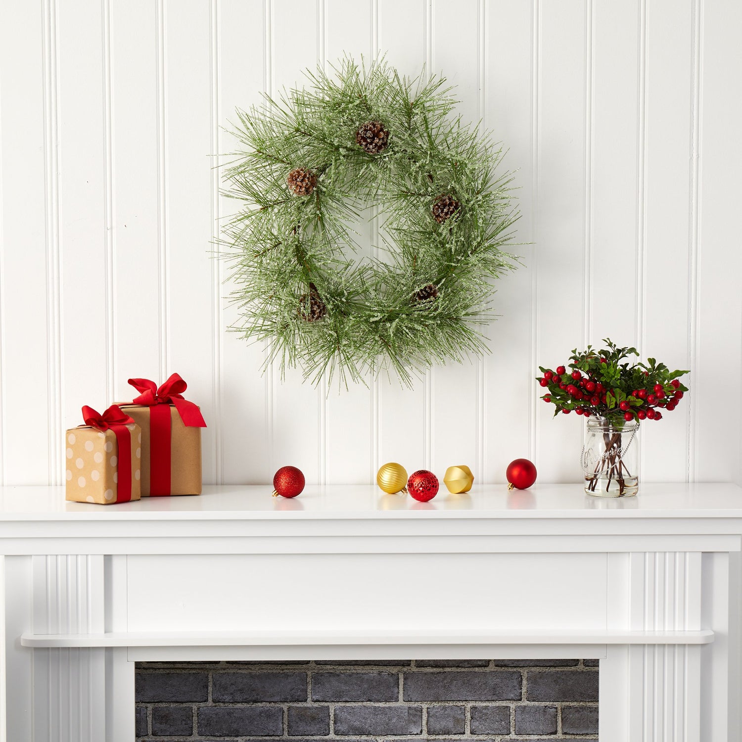 24” Iced Pine Artificial Wreath with Pine Cones